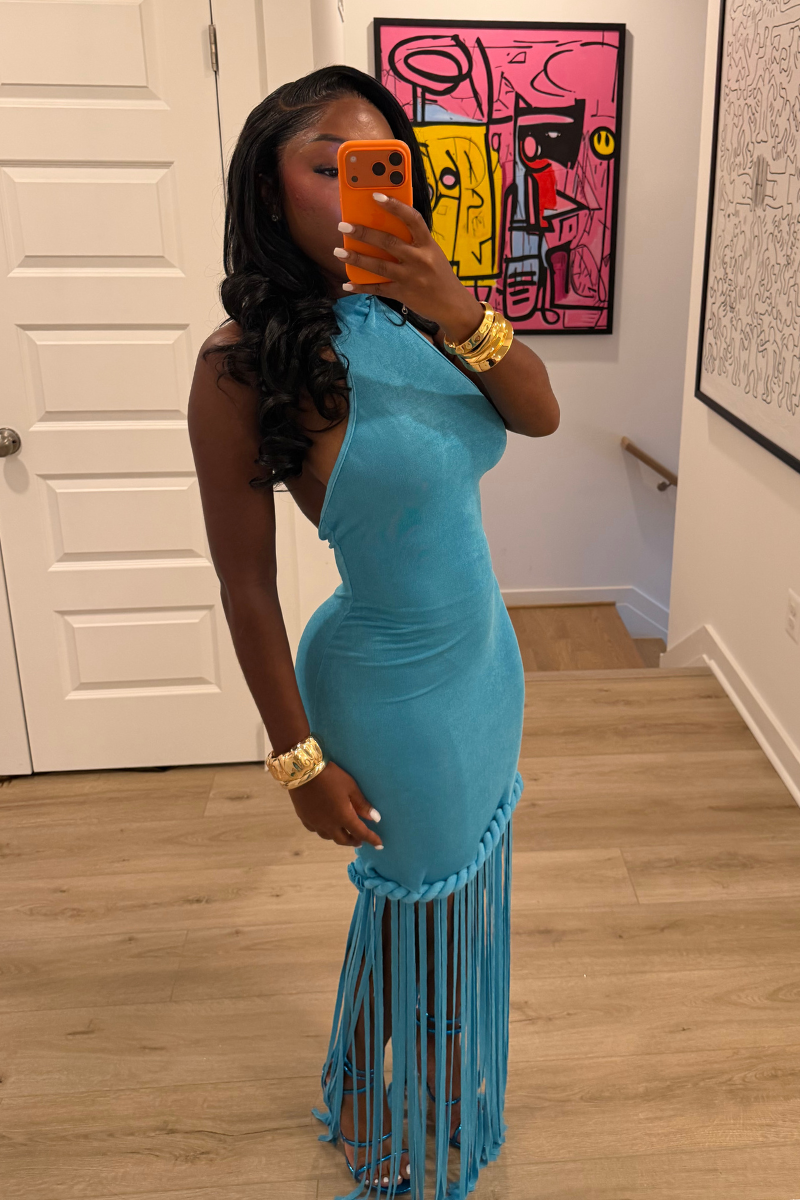 DEMULUXE Ibiza aqua suede fringe hem halter maxi dress