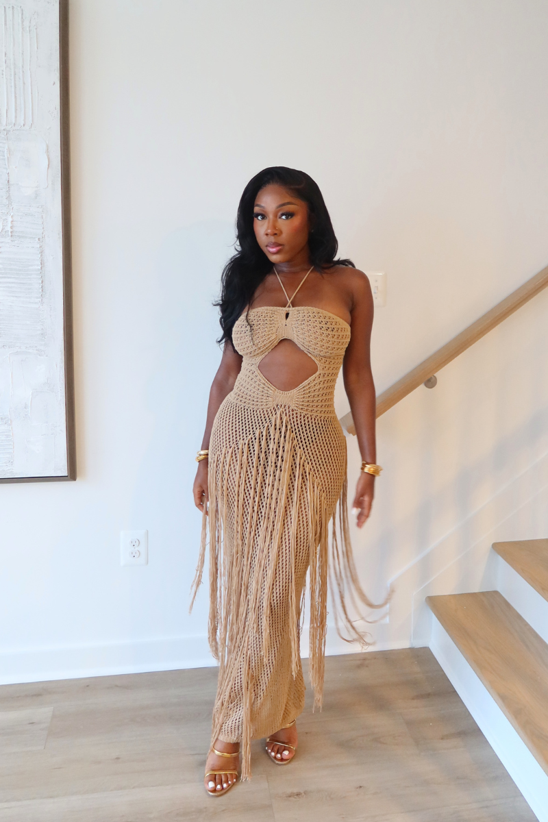 DEMULUXE Camila crochet halter fringe maxi dress