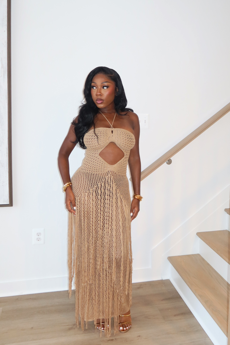 DEMULUXE Camila crochet halter fringe maxi dress