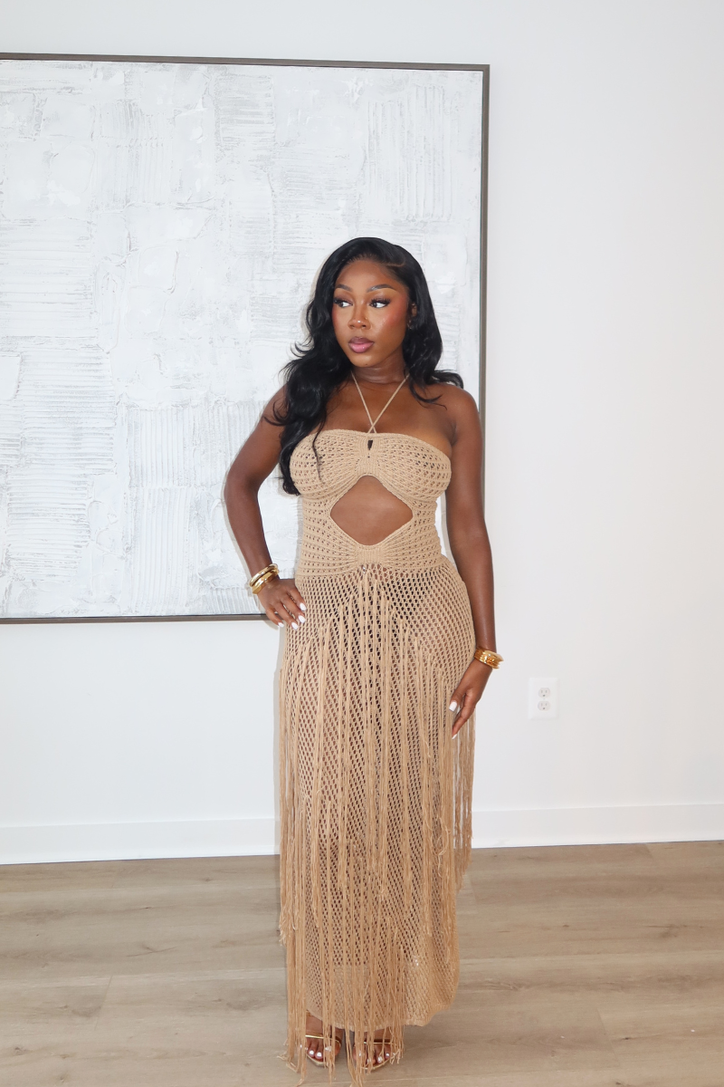 DEMULUXE Camila crochet halter fringe maxi dress