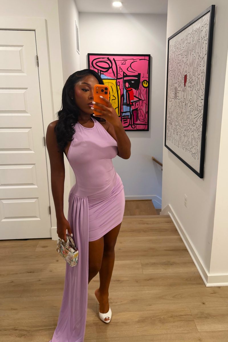 DEMULUXE Bianca lilac halter mini dress with draped side train
