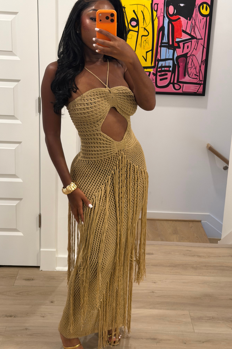 DEMULUXE Camila crochet halter fringe maxi dress