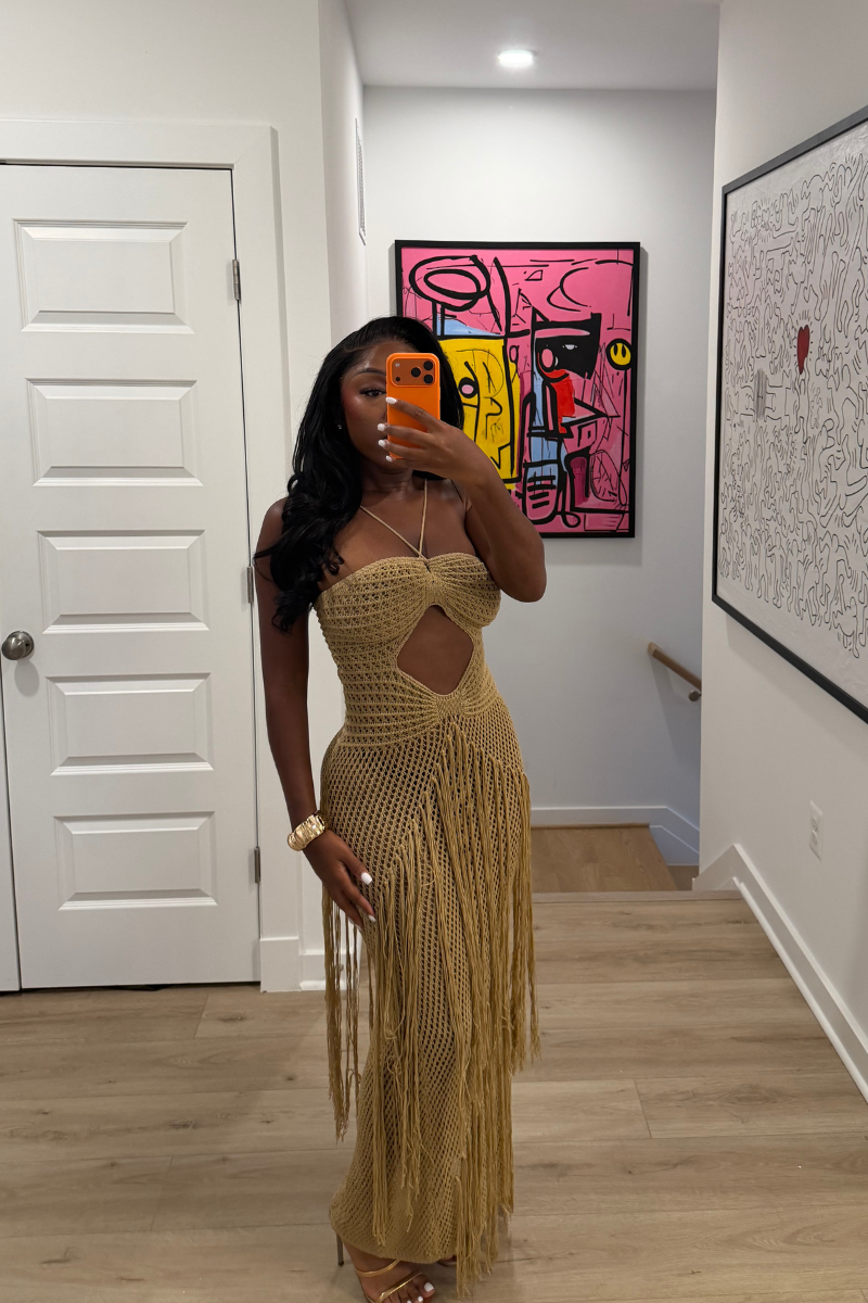 DEMULUXE Camila crochet halter fringe maxi dress
