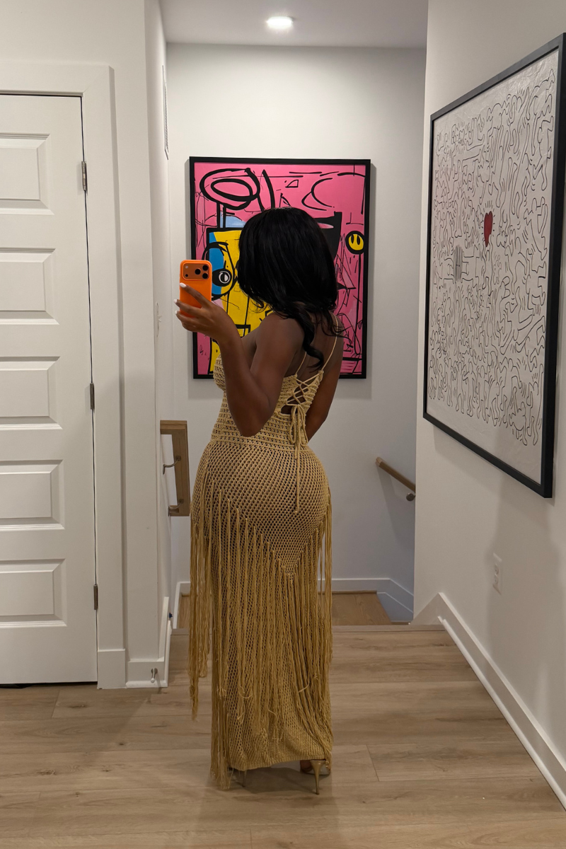 DEMULUXE Camila crochet halter fringe maxi dress