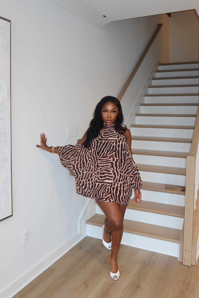 DEMULUXE Nairobi zebra print oversized bell sleeve mini dress set