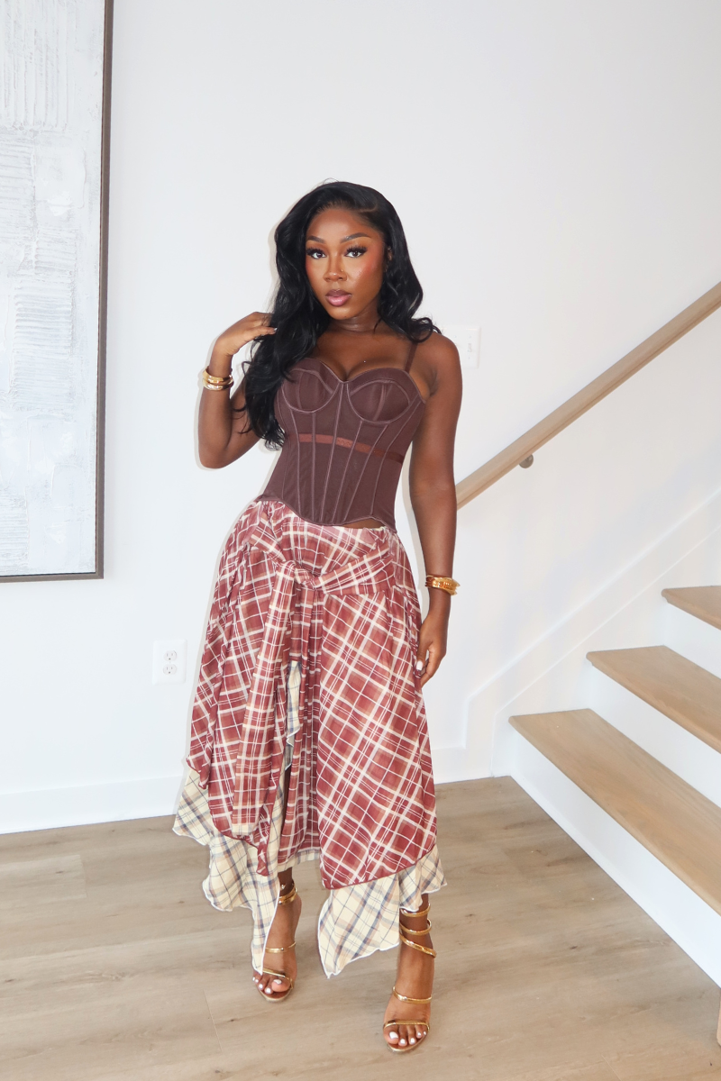 DEMULUXE Marlowe brown corset and plaid handkerchief hem skirt set