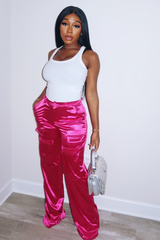 Pink Satin Cargo Pants