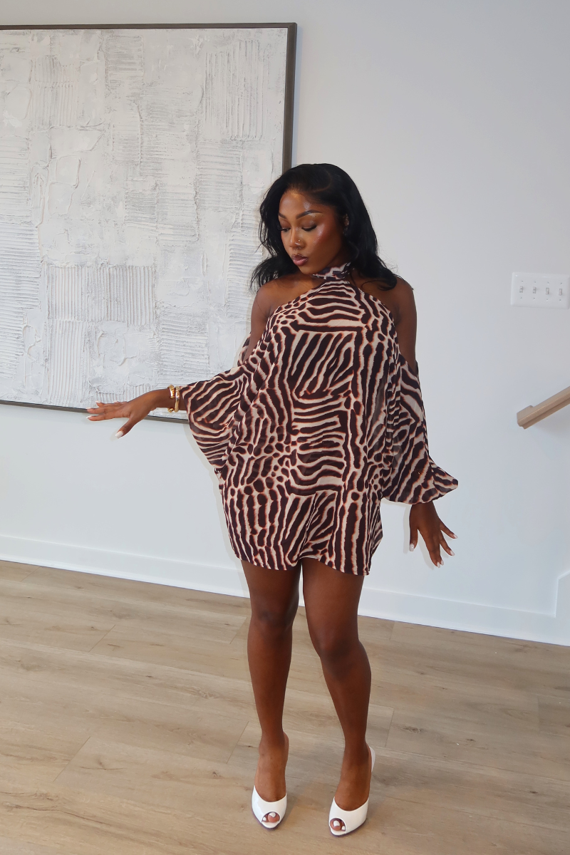 DEMULUXE Nairobi zebra print oversized bell sleeve mini dress set