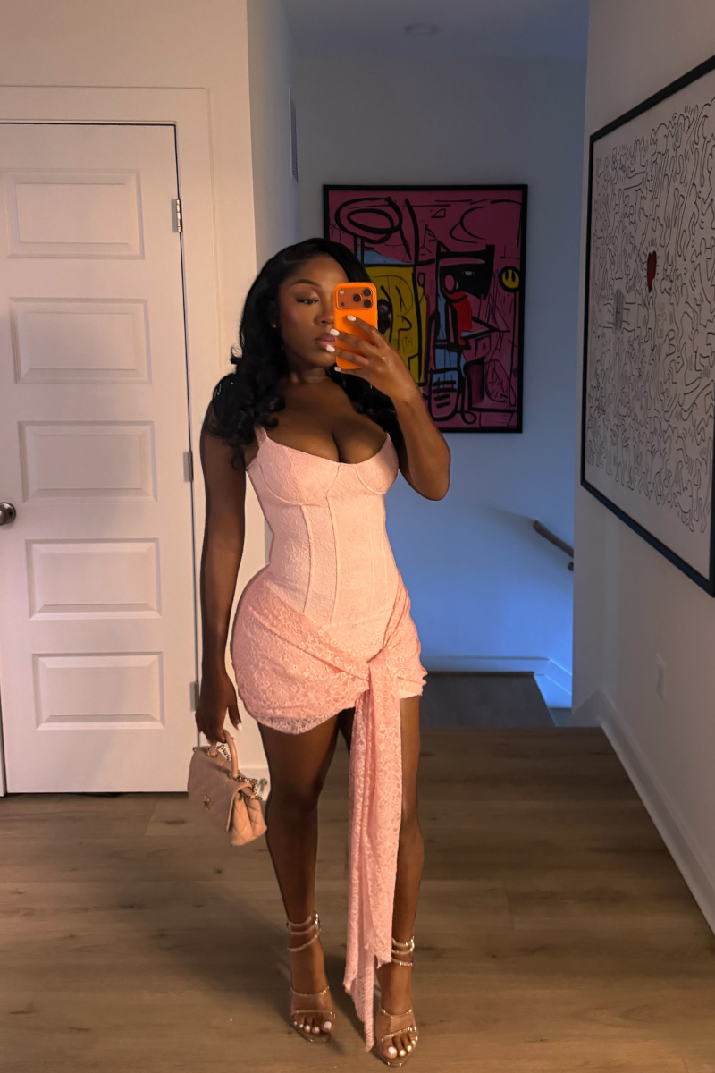 DEMULUXE Valentina blush lace corset mini dress with draped train