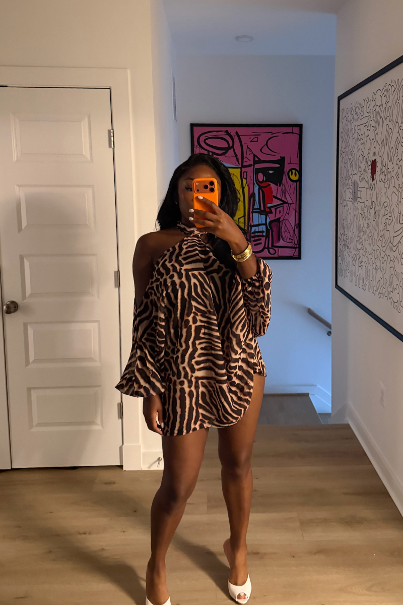 DEMULUXE Nairobi zebra print oversized bell sleeve mini dress set