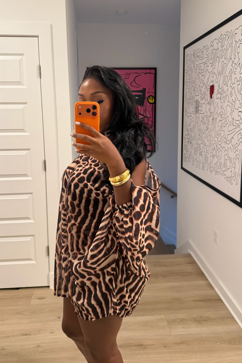 DEMULUXE Nairobi zebra print oversized bell sleeve mini dress set