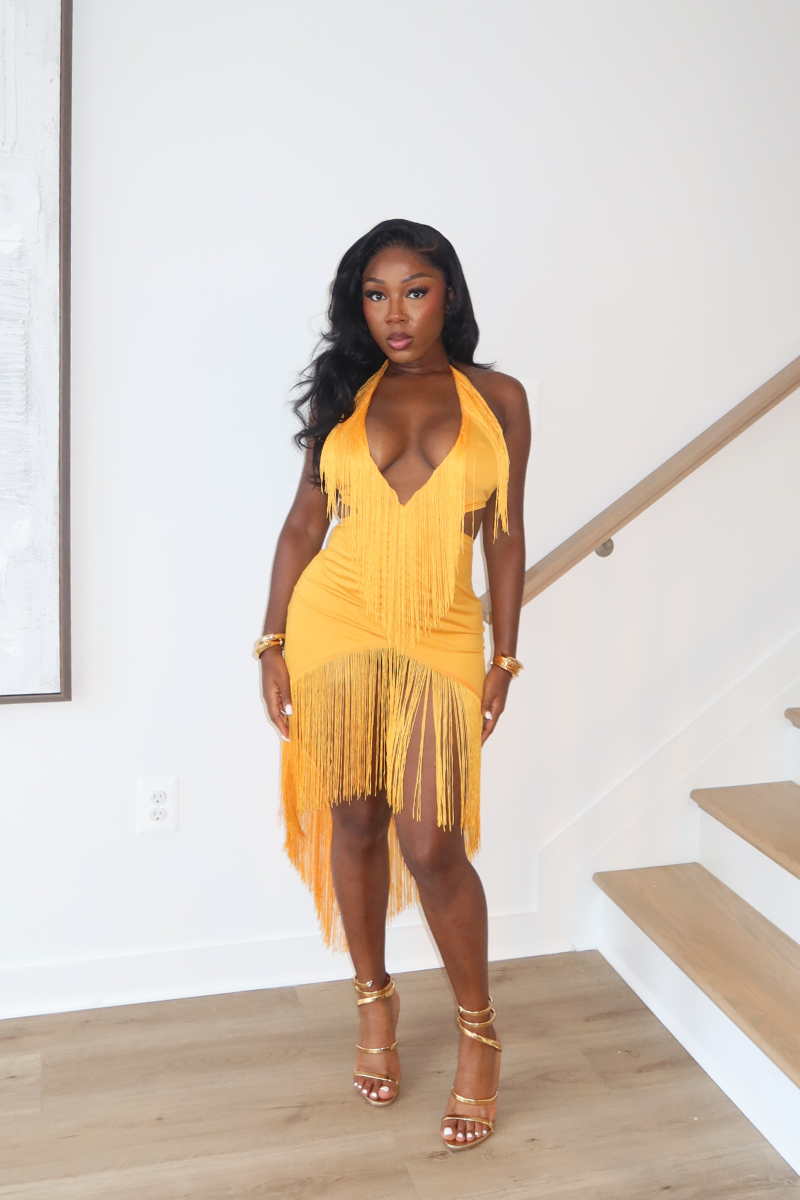 DEMULUXE Marbella yellow plunge neck draped maxi dress