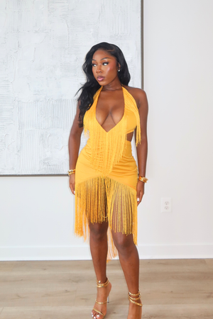 DEMULUXE Marbella yellow plunge neck draped maxi dress