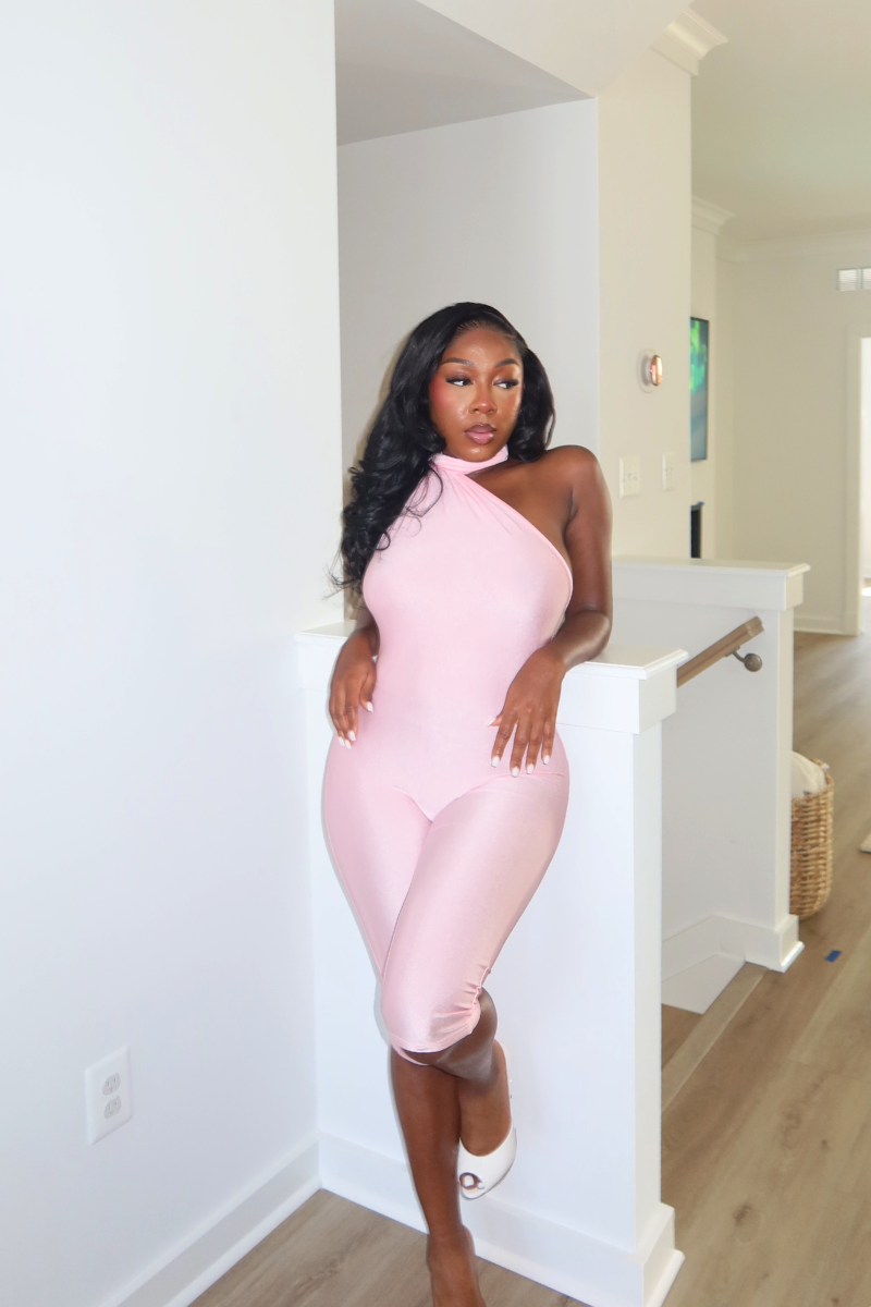 DEMULUXE Capri blush one shoulder knee length jumpsuit