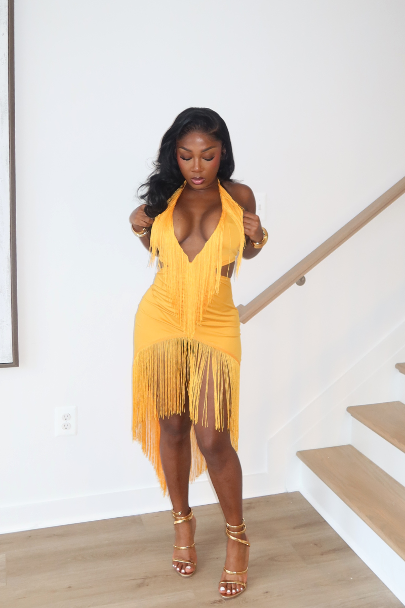 DEMULUXE Marbella yellow plunge neck draped maxi dress