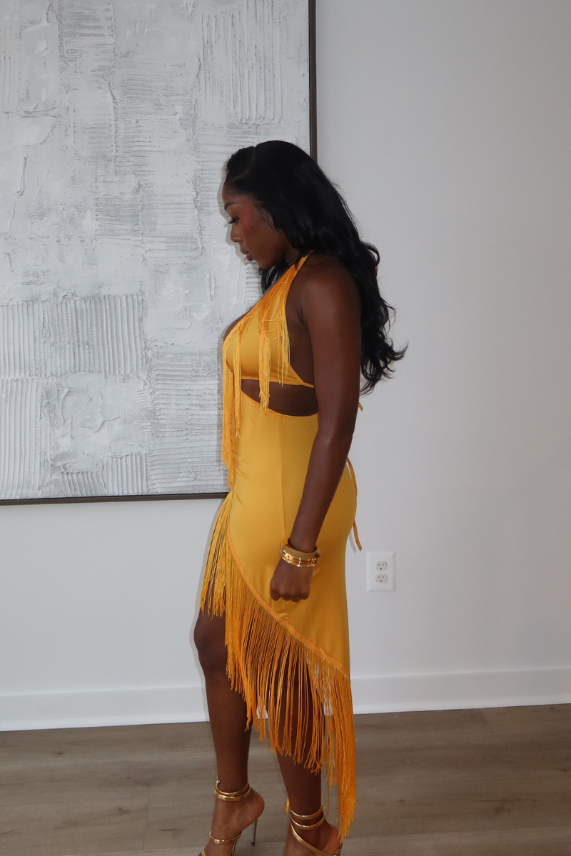 DEMULUXE Marbella yellow plunge neck draped maxi dress