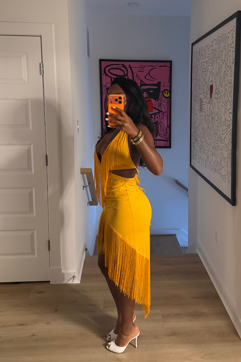 DEMULUXE Marbella yellow plunge neck draped maxi dress