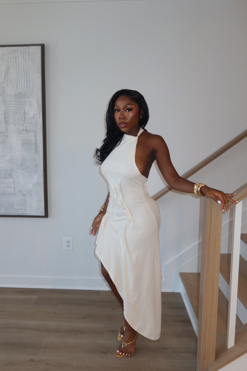 DEMULUXE Santorini ivory halter dress with low back and asymmetric draped hem