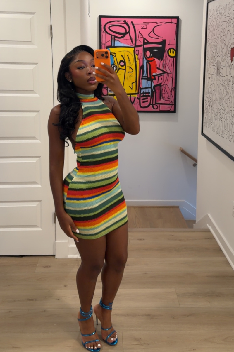 DEMULUXE Havana rainbow striped halter bodycon mini dress