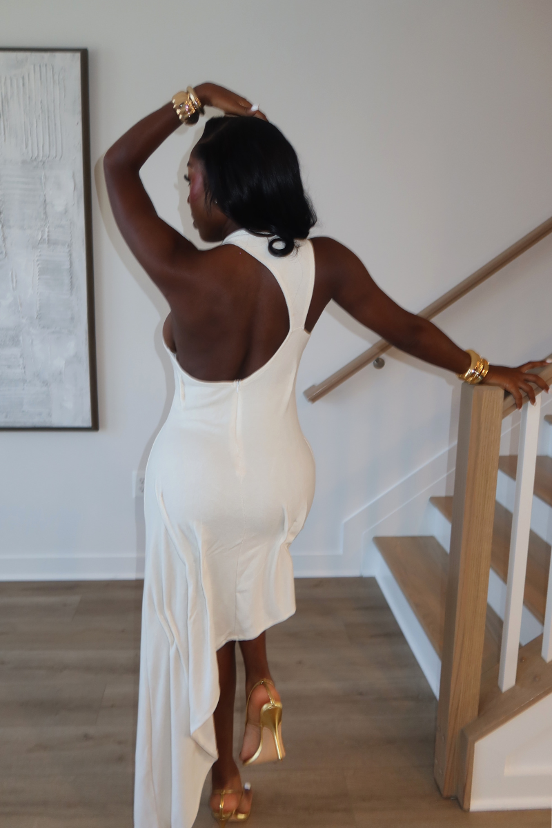 DEMULUXE Santorini ivory halter dress with low back and asymmetric draped hem