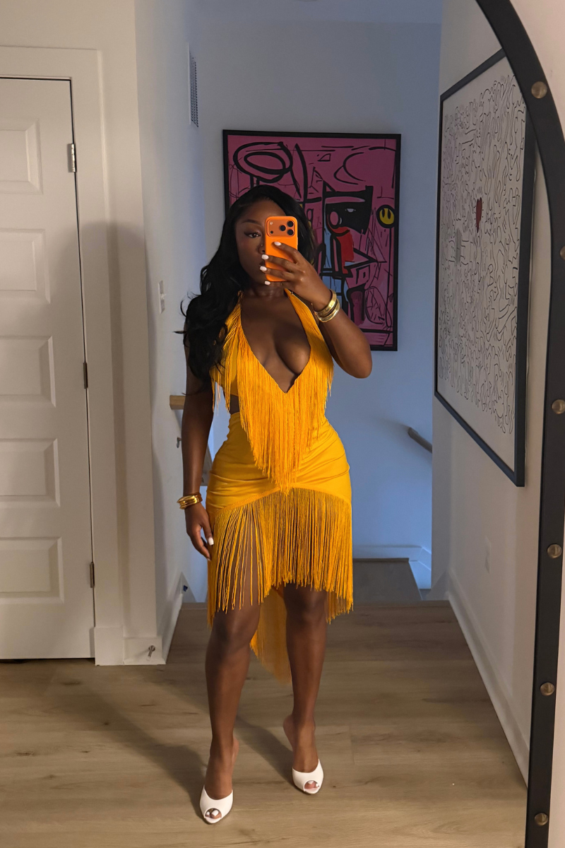 DEMULUXE Marbella yellow plunge neck draped maxi dress