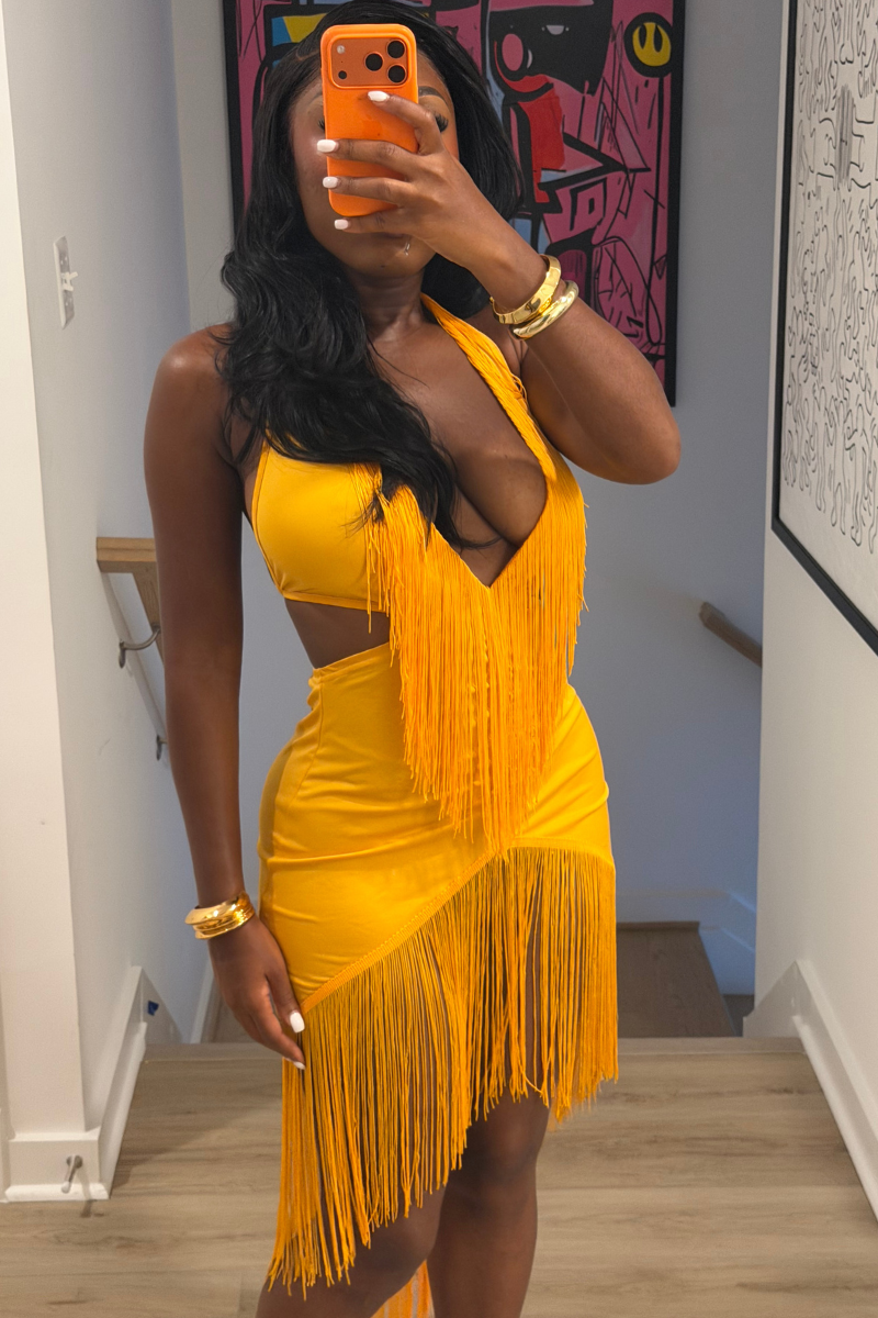 DEMULUXE Marbella yellow plunge neck draped maxi dress