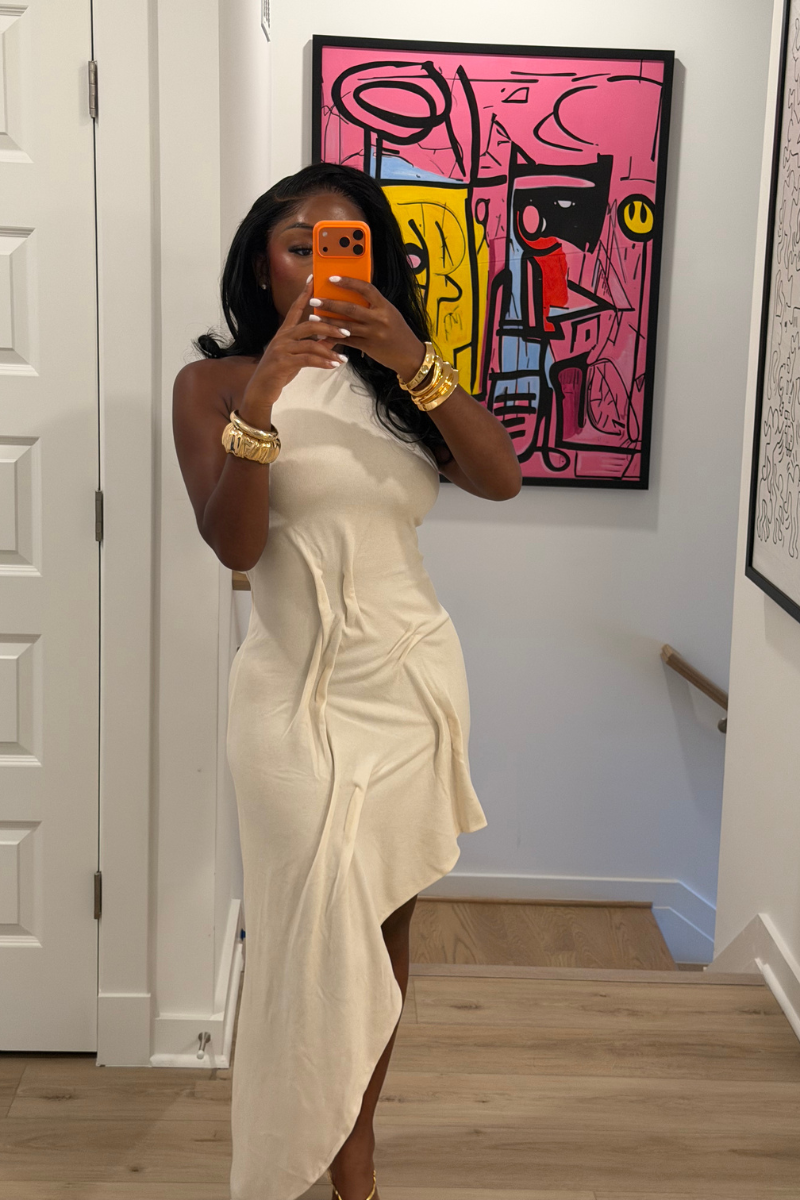 DEMULUXE Santorini ivory halter dress with low back and asymmetric draped hem
