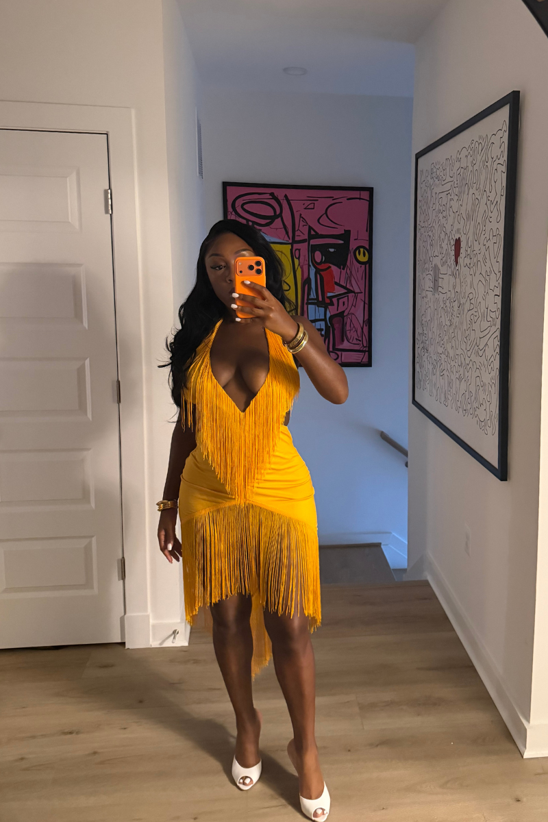 DEMULUXE Marbella yellow plunge neck draped maxi dress