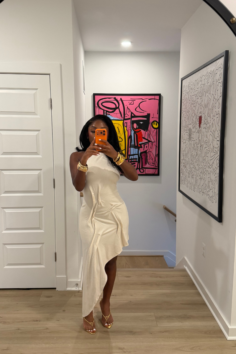 DEMULUXE Santorini ivory halter dress with low back and asymmetric draped hem
