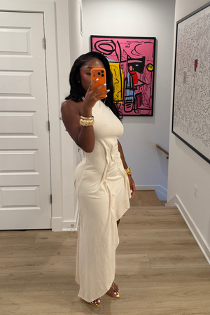 DEMULUXE Santorini ivory halter dress with low back and asymmetric draped hem