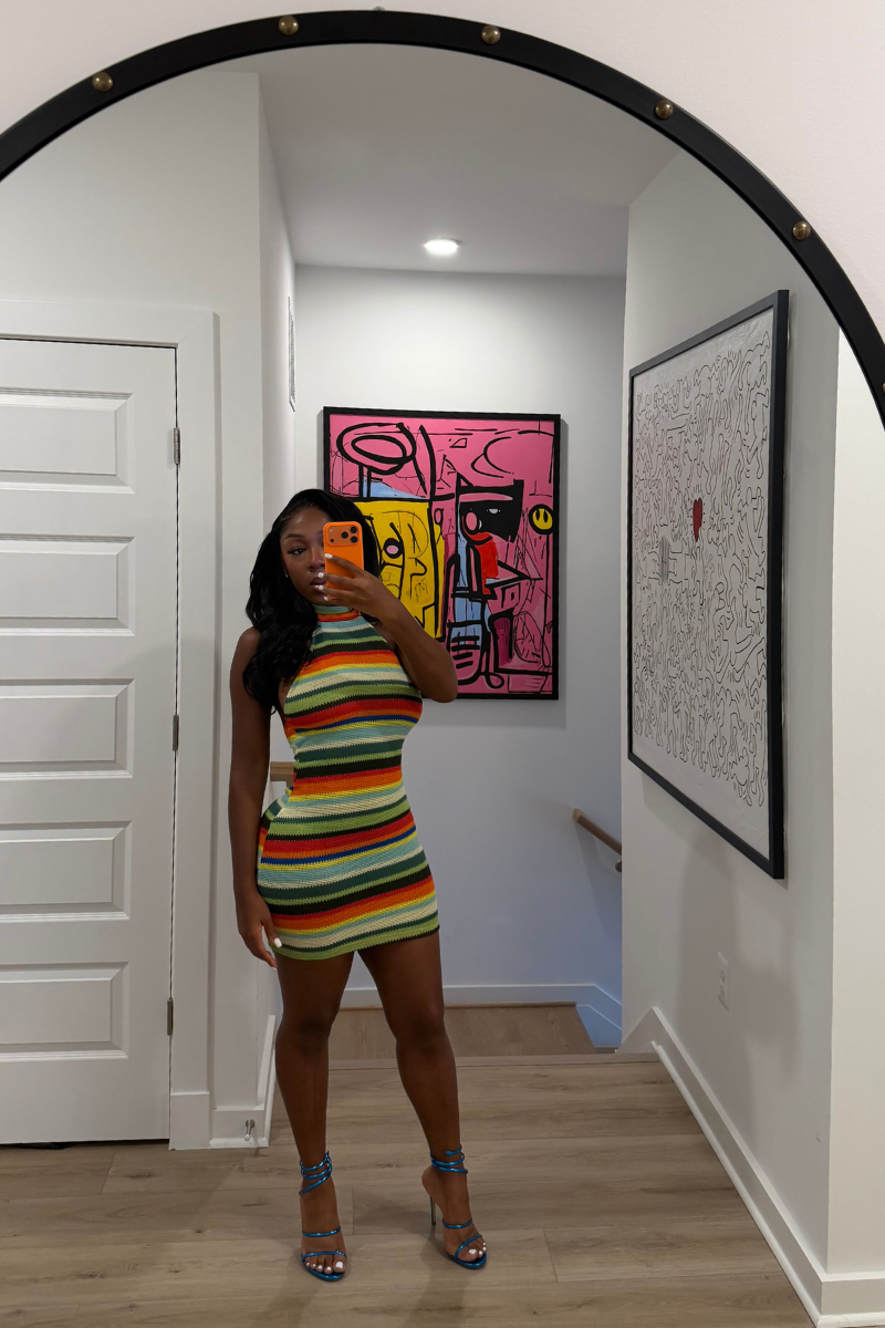 DEMULUXE Havana rainbow striped halter bodycon mini dress