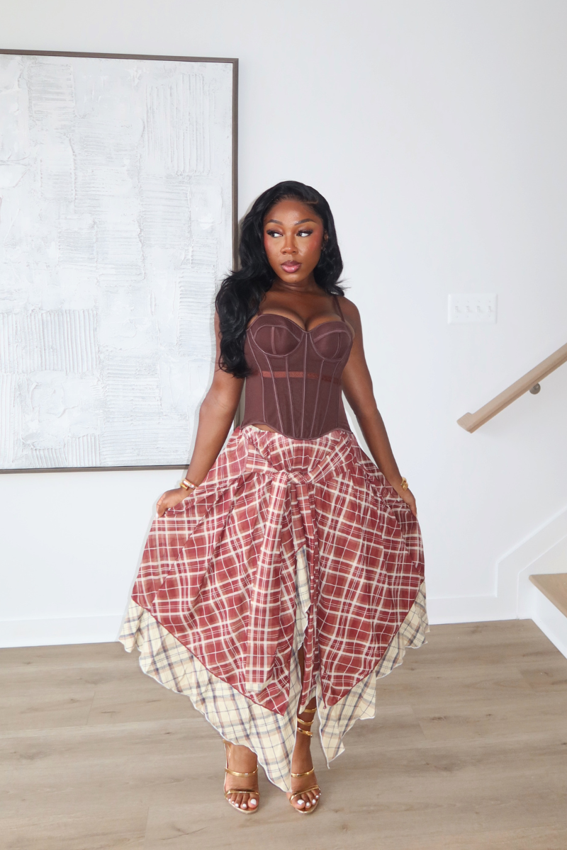 DEMULUXE Marlowe brown corset and plaid handkerchief hem skirt set
