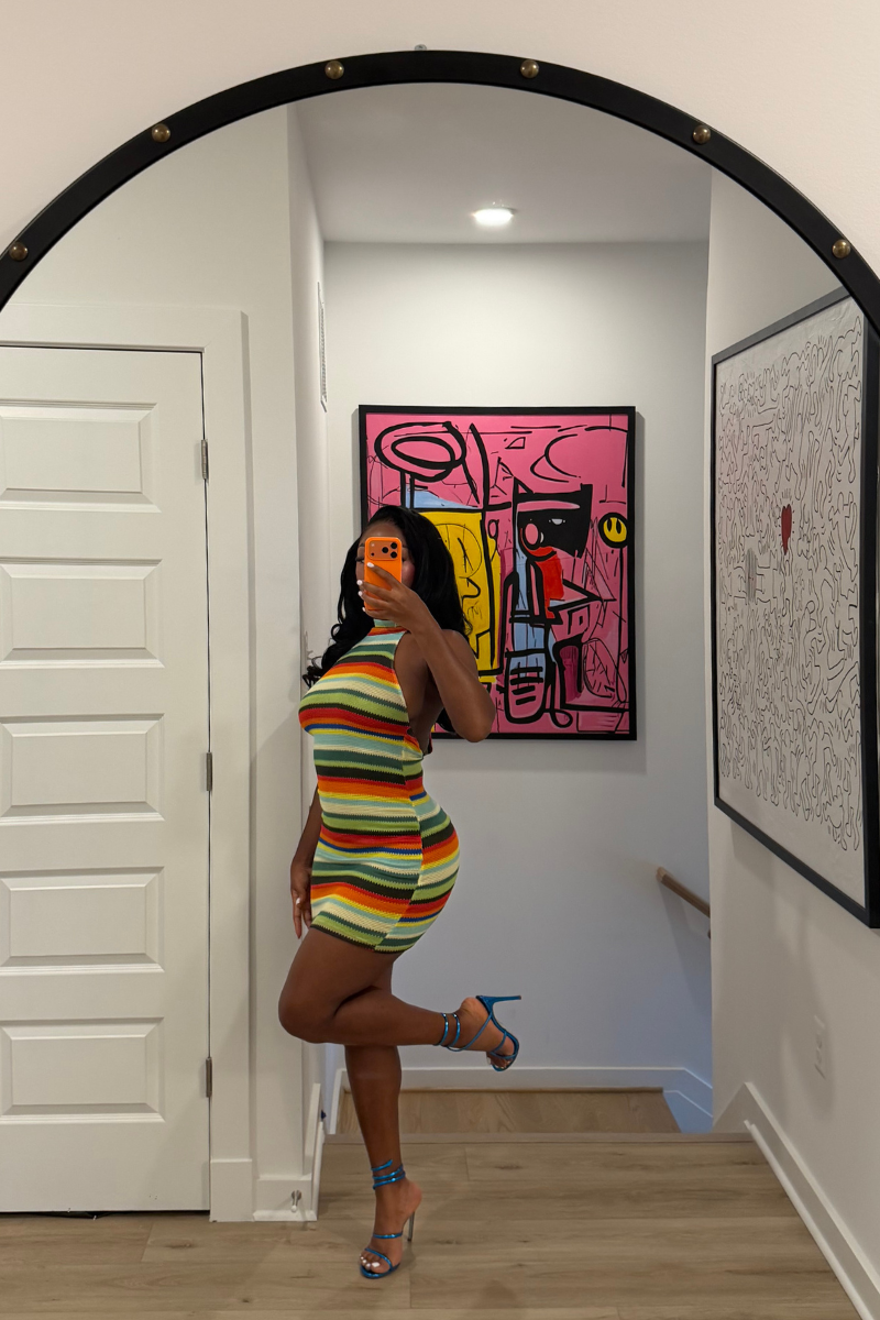 DEMULUXE Havana rainbow striped halter bodycon mini dress