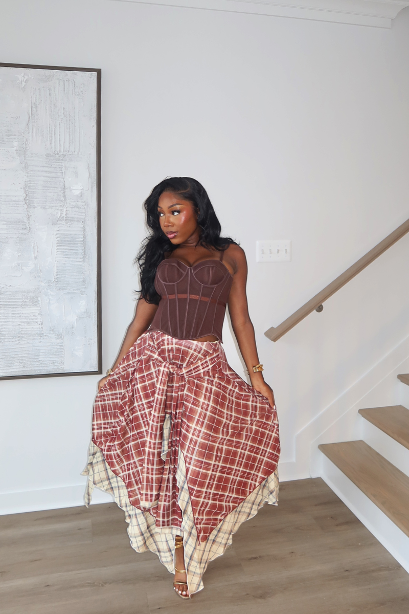 DEMULUXE Marlowe brown corset and plaid handkerchief hem skirt set