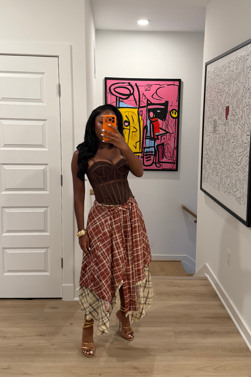 DEMULUXE Marlowe brown corset and plaid handkerchief hem skirt set