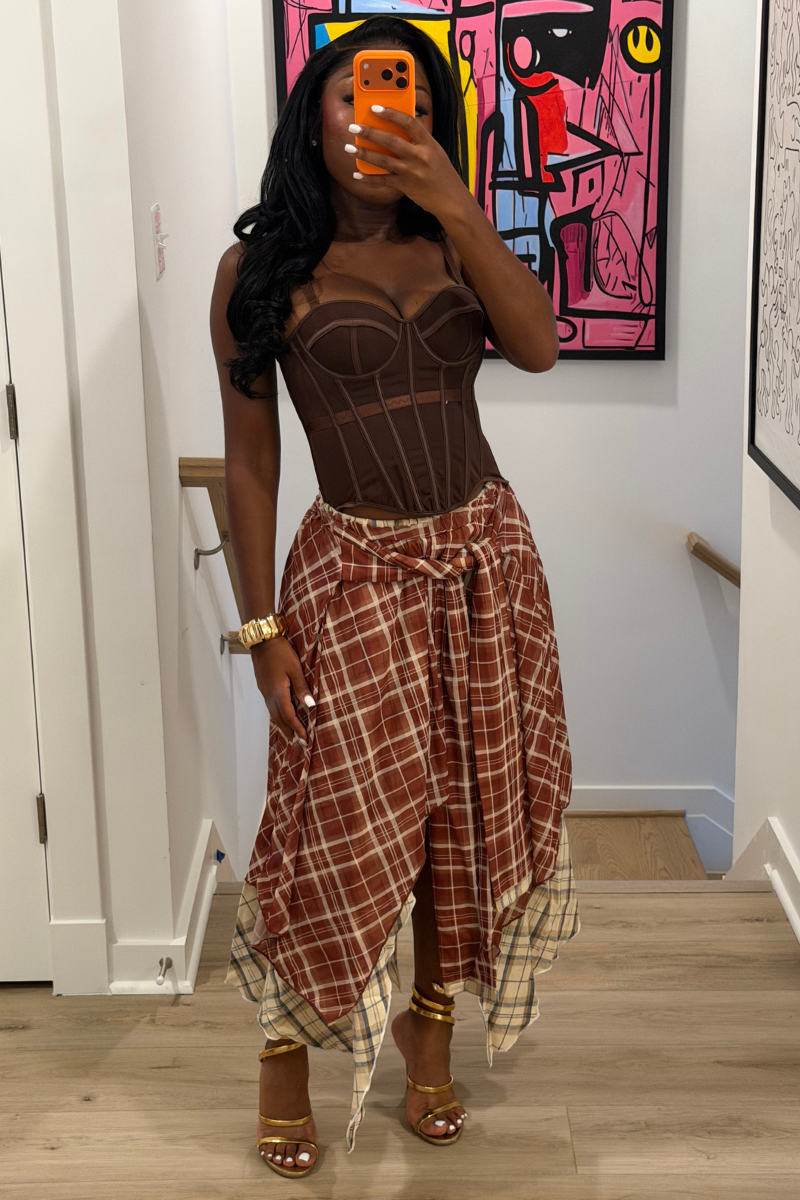 DEMULUXE Marlowe brown corset and plaid handkerchief hem skirt set