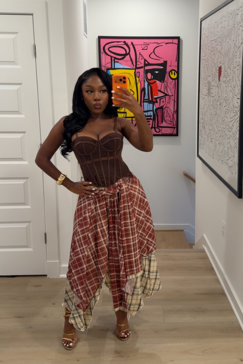 DEMULUXE Marlowe brown corset and plaid handkerchief hem skirt set