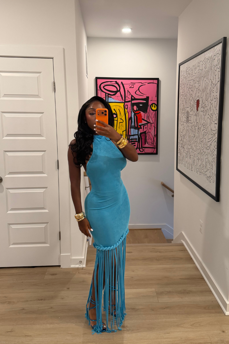 DEMULUXE Ibiza aqua suede fringe hem halter maxi dress